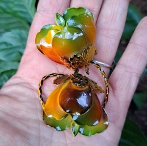 Vintage Enamel Flower Leaf Statement Brooch